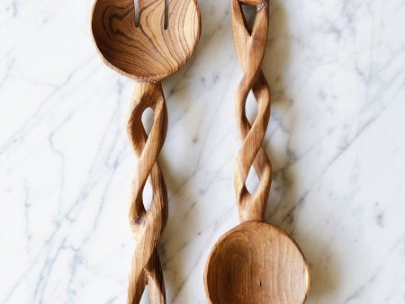 Twisted Olive Wood Salad Server Set For Sale