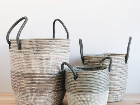 Storage Basket Set With Leather Handles - Silver on Sale