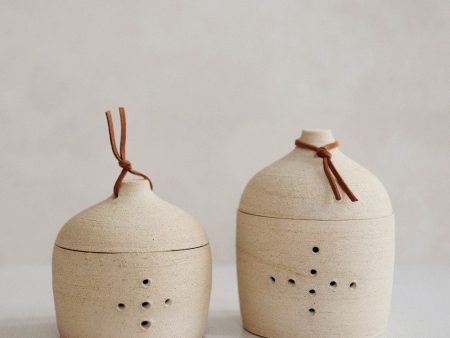 Ceramic Garlic Keeper - Leather Top For Sale